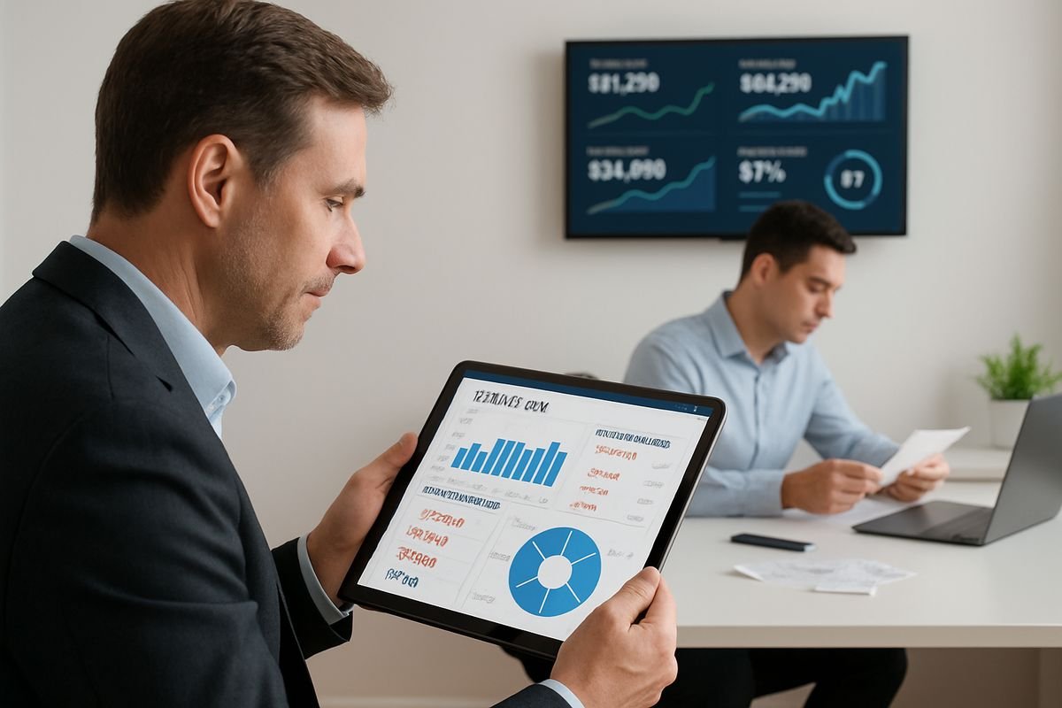 A controller reviewing a dashboard on a tablet that shows cash flow charts, overdue invoices, and project costs, while a colleague enters expense receipts at a desk and a wall-mounted monitor displays live business metrics