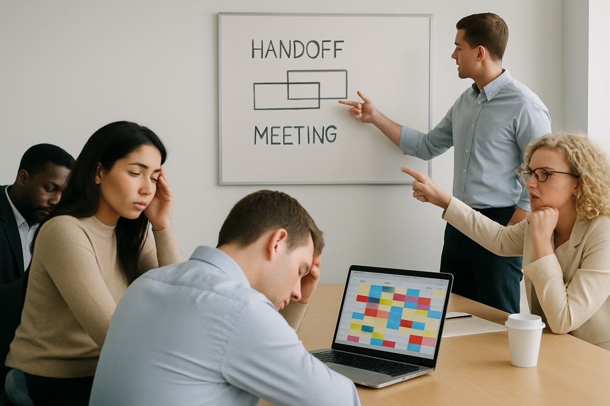 An office team in a meeting room with several people around a table, some looking tired and one person turning away from a crowded calendar on a laptop while another points to a whiteboard showing overlapping handoffs and meeting blocks