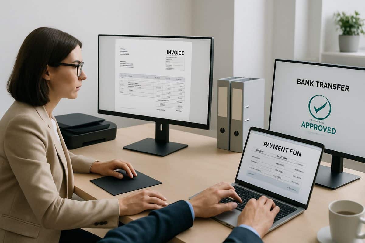 Xero Accounts Payable: The Workflow Gap Explained 3 A finance team member reviewing invoice images on a large monitor while another person checks a payment run on a laptop, with neatly organized folders, a scanner, and a bank transfer approval screen in a modern office
