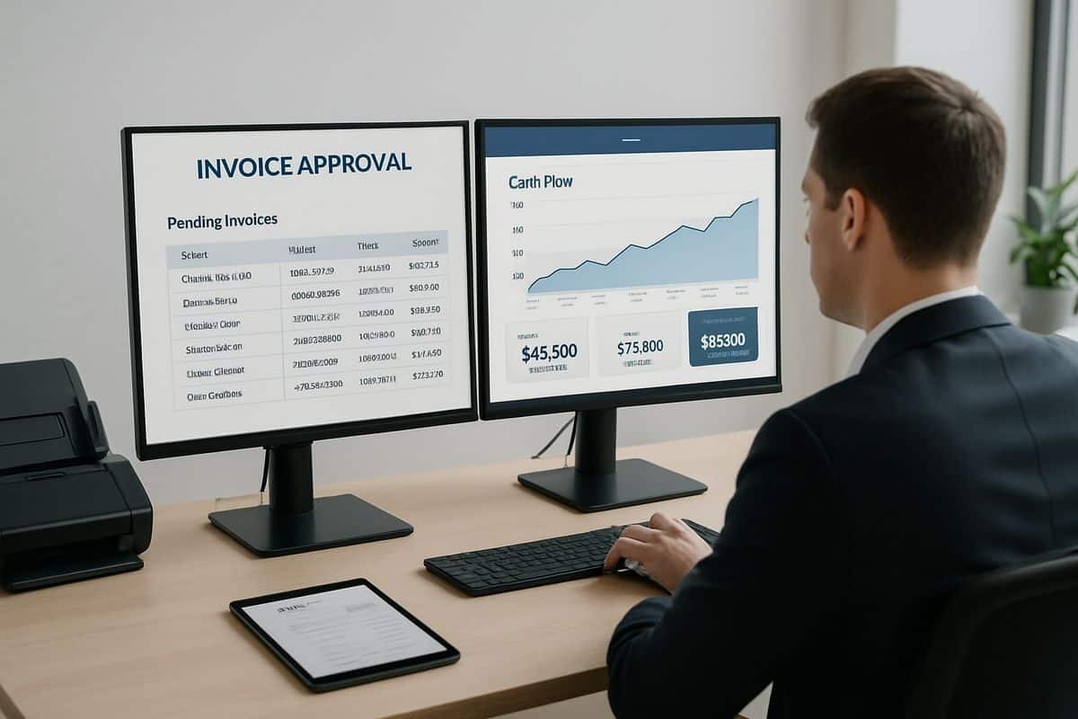 A modern finance workspace with a person monitoring invoice approvals on multiple computer screens, one showing a queue of pending bills and another showing a cash flow dashboard, while a scanner and tablet sit on the desk