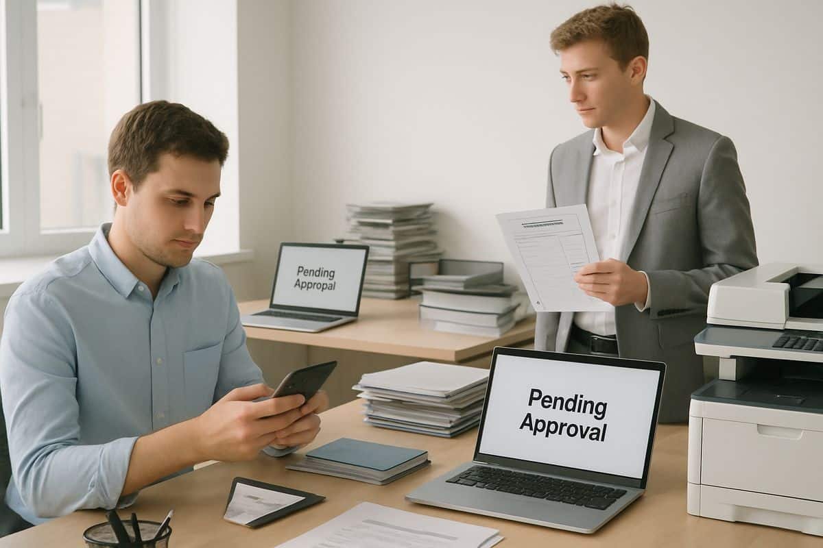 The Purchase Approval Process, Without the Finance Chaos 3 A cluttered office scene with one employee sending messages on a phone, another waiting beside a printer holding a purchase form, and multiple open laptops showing pending approvals