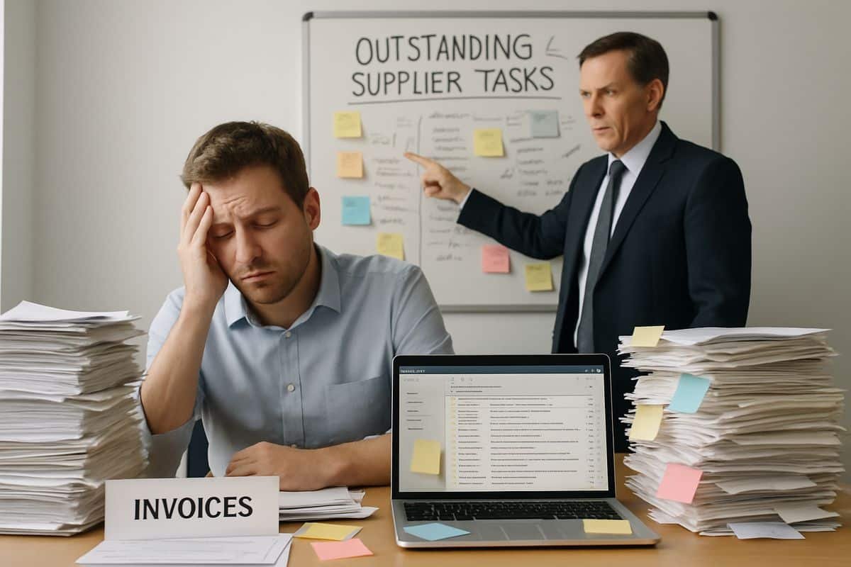 A tired finance employee sitting at a cluttered desk surrounded by stacks of invoices, sticky notes, and an overflowing inbox on a laptop, while a supervisor points to a messy whiteboard filled with outstanding supplier tasks
