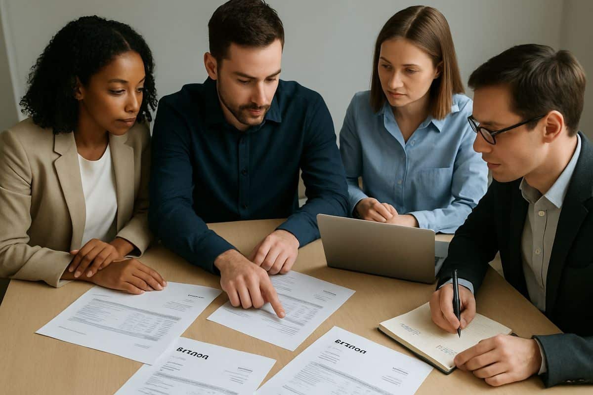 How to Set Up Invoice Approvals in Xero 3 A small group of finance and operations staff gathered around a conference table reviewing several different invoice printouts, one person pointing at a document while another checks a laptop and a third notes approval steps on a notepad
