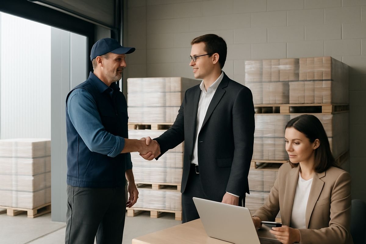 How to Avoid Late Payments With Better AP Control 3 A warehouse loading bay where a supplier and a business owner shake hands beside stacked pallets, with a finance employee nearby confirming a payment on a laptop