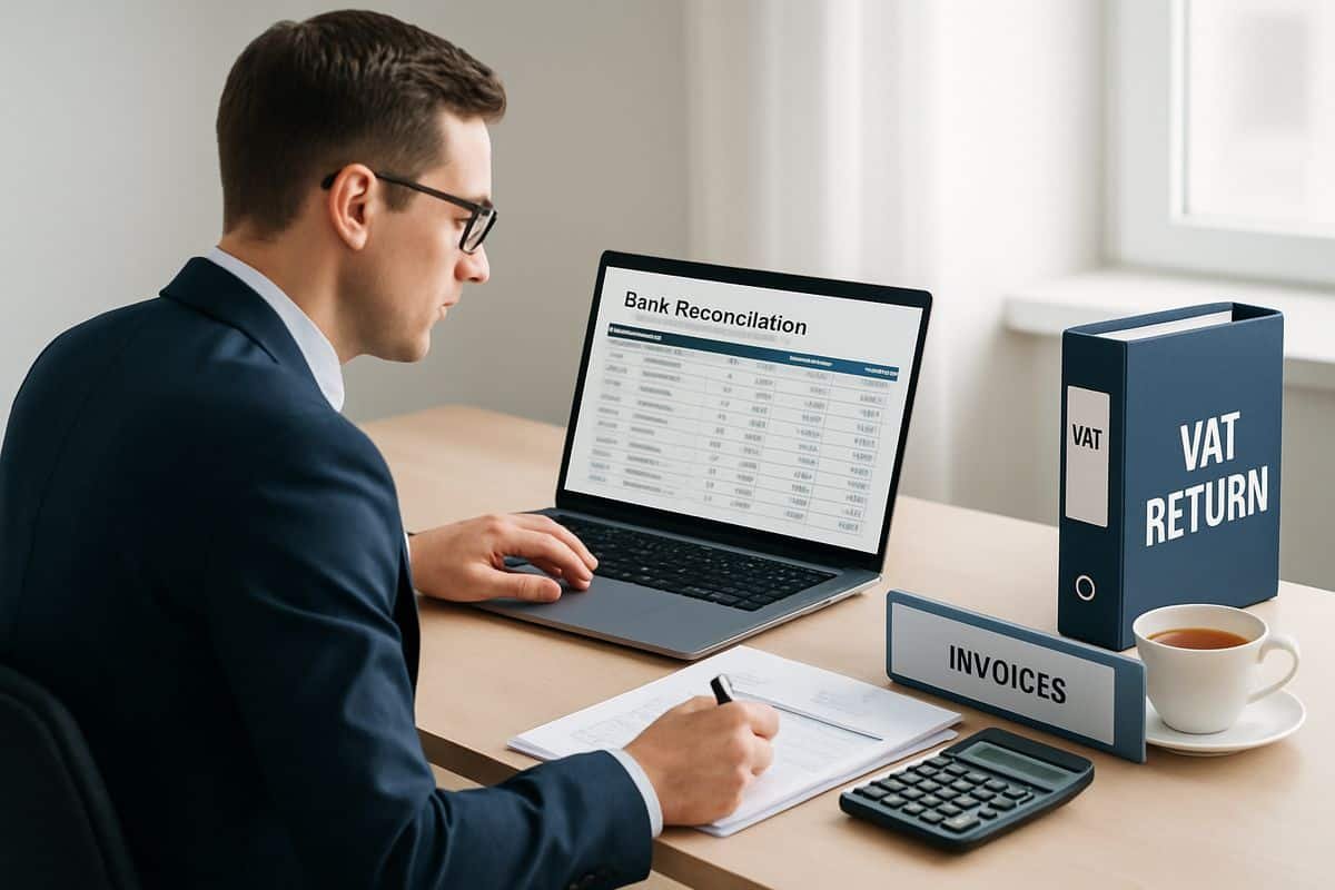 Xero Invoice Automation: What to Look for in a Tool 3 A UK finance manager at a desk with a laptop, a calculator, and organized invoice files, while a bank reconciliation screen and a VAT return folder sit beside a cup of tea in a bright office