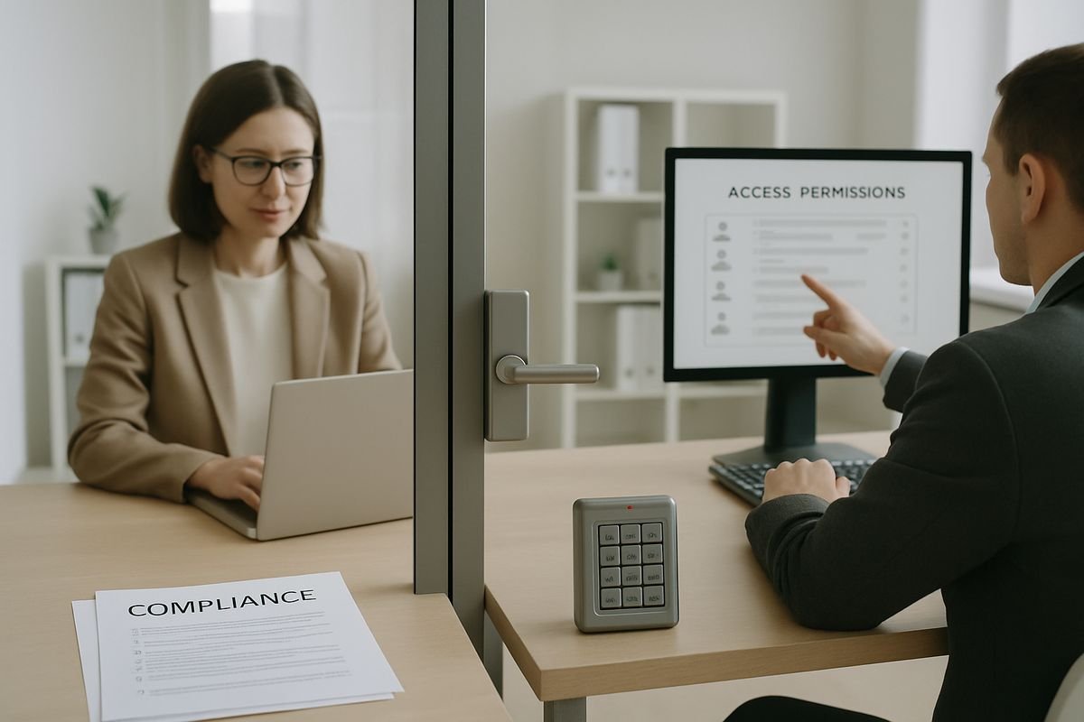 A security-conscious office scene with an accountant using a laptop behind a locked glass door, a second person reviewing access permissions on a screen, and printed compliance documents and a keypad on the desk