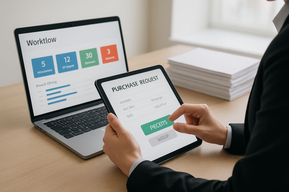 The Purchase Approval Process, Without the Finance Chaos 4 An office worker approving a purchase request on a tablet while a laptop beside them shows a clean workflow dashboard and a stack of documents sits neatly organized on the desk