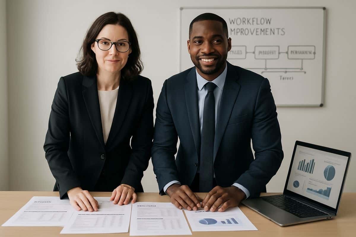 Xero Invoice Automation: What to Look for in a Tool 4 A business leader and finance manager standing over a desk covered with printed invoices, cost comparison sheets, and a laptop displaying charts, with a whiteboard in the background showing workflow improvements and timelines