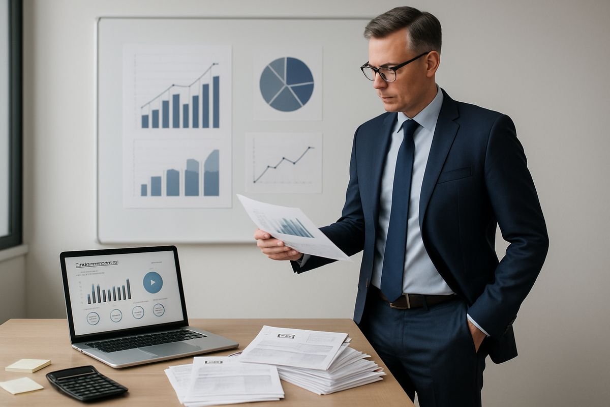 A finance leader standing by a whiteboard in an office, reviewing printed charts and a laptop displaying invoice processing metrics, with a calculator, sticky notes, and a stack of unpaid bills spread across the table during a budgeting discussion