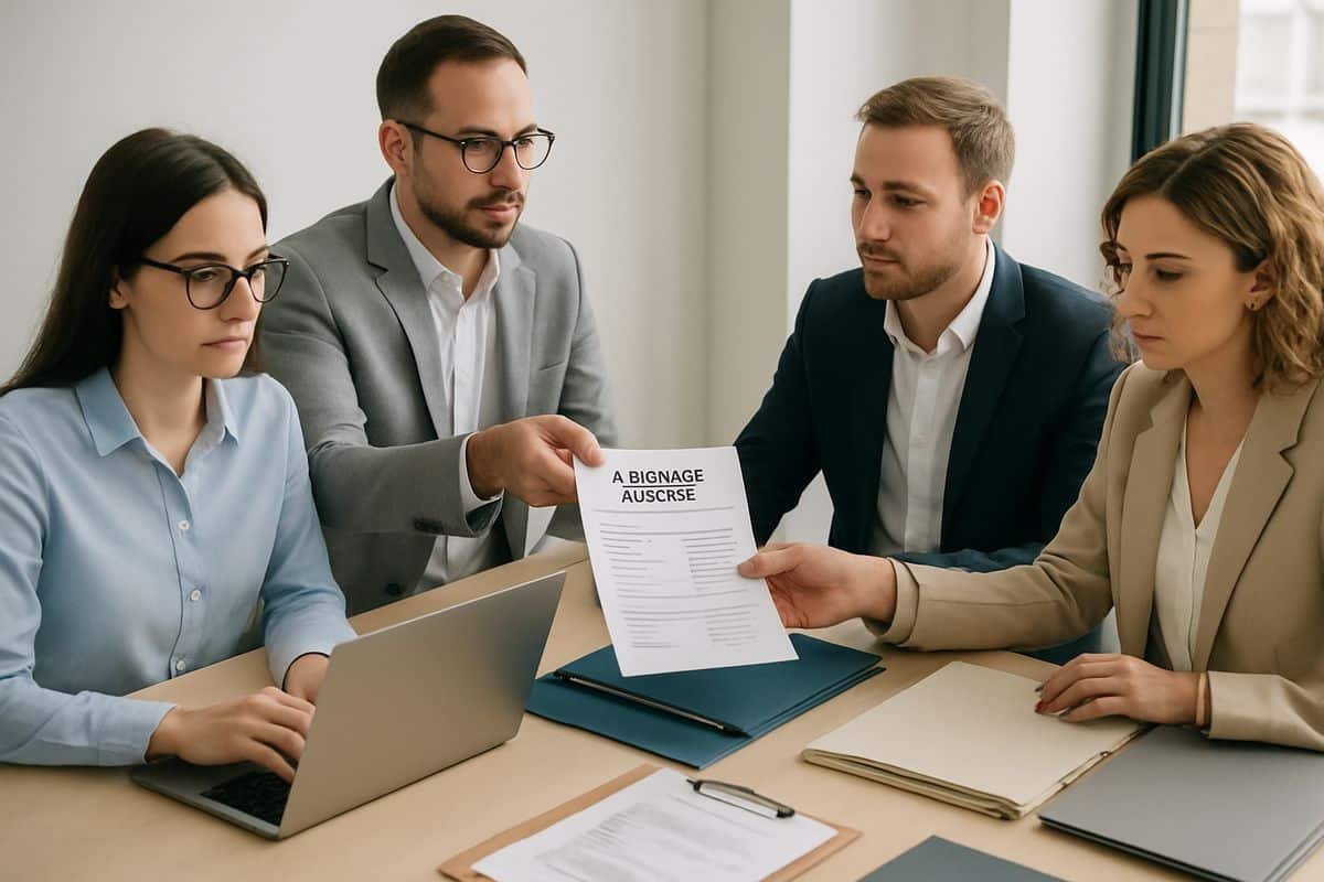 Finance and operations staff gathered around a shared workspace, with one person handing over a purchase request form, another reviewing a laptop, and several folders and files spread across the table