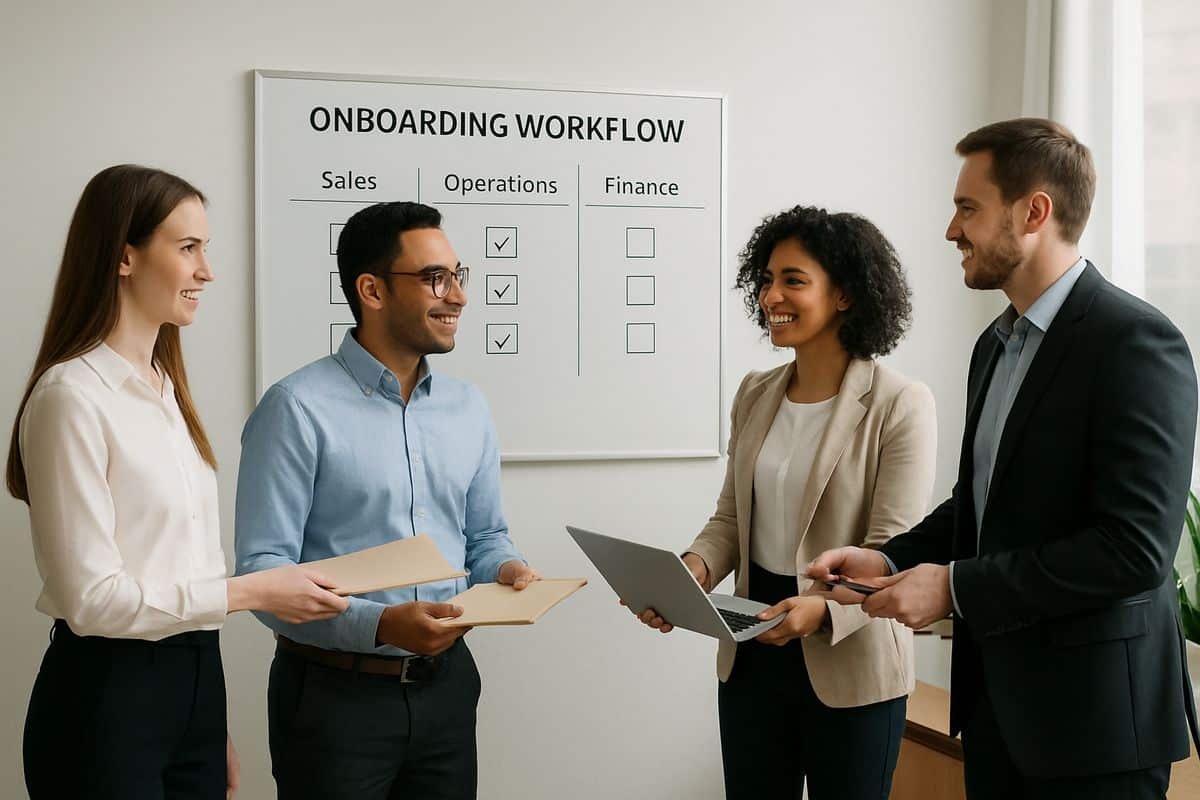 An onboarding workflow shown as a team in an office passing folders and a laptop between sales, operations, and finance staff, with one manager checking off steps on a wall-mounted workflow board