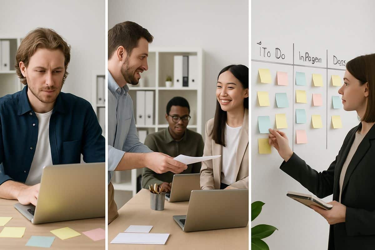Three different workplace scenes in one office collage: a founder with a laptop and scattered notes, a growing team passing documents between desks, and an operations manager reviewing a shared task board with several columns