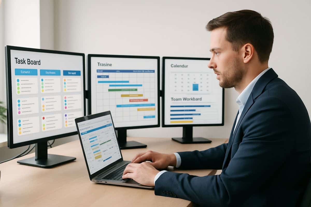 A project manager at a desk using software on a laptop with task cards, a timeline view, a calendar, and a team workload panel open on separate screens