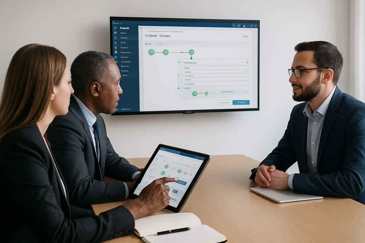 Two business leaders sitting with a software vendor in a meeting room, watching a live demo on a screen while one person tests a workflow on a tablet and takes notes