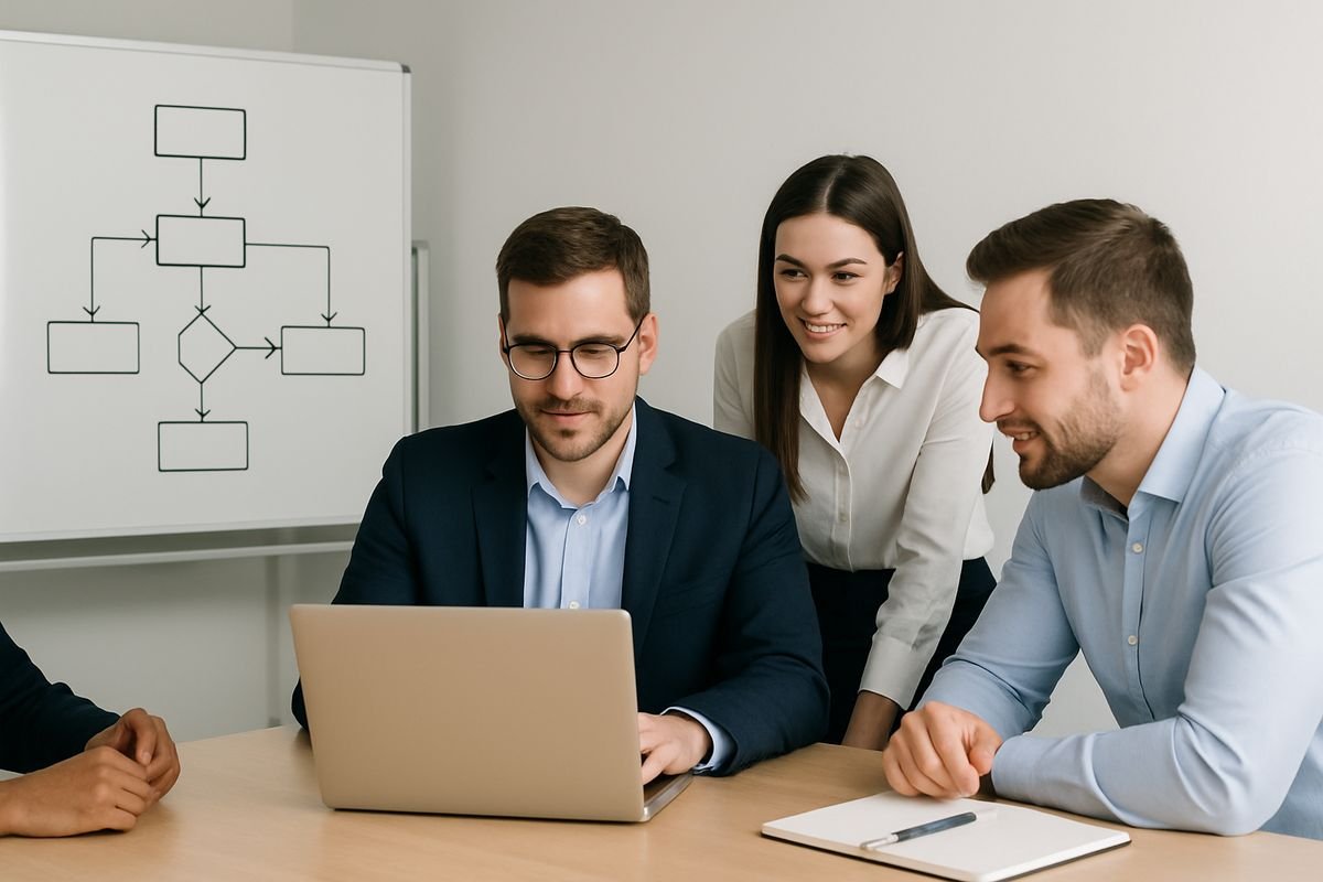 A team in a meeting room starting a software rollout, with one person setting up tasks on a laptop while others lean in around a table, and a whiteboard nearby showing a simple workflow sketched in boxes