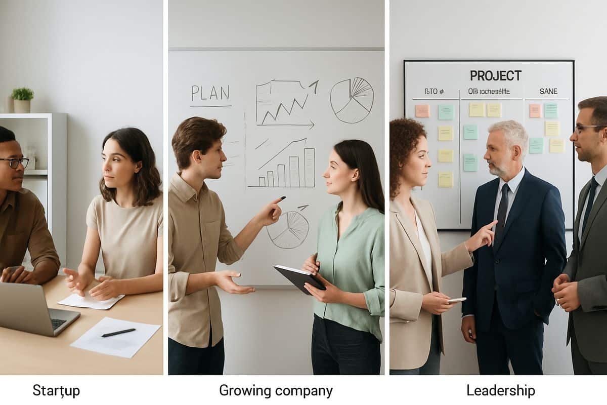 Three side-by-side office scenes showing a startup team in a small room, a growing company planning on a whiteboard, and a larger leadership group reviewing a multi-team project board on a wall display