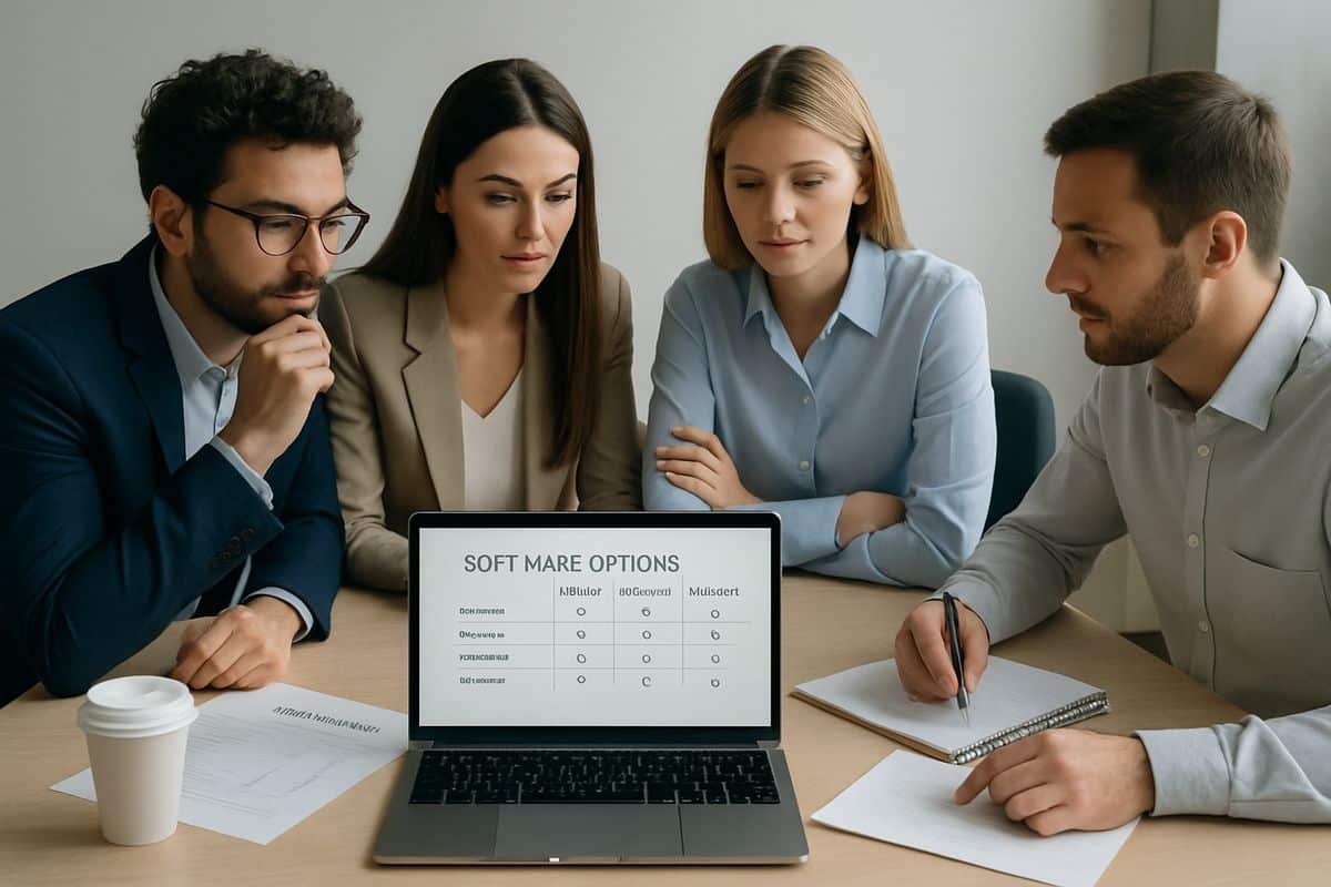 A decision-making scene with a small team gathered around a table comparing software options on a laptop, with printed evaluation sheets, a notepad, and a coffee cup beside them