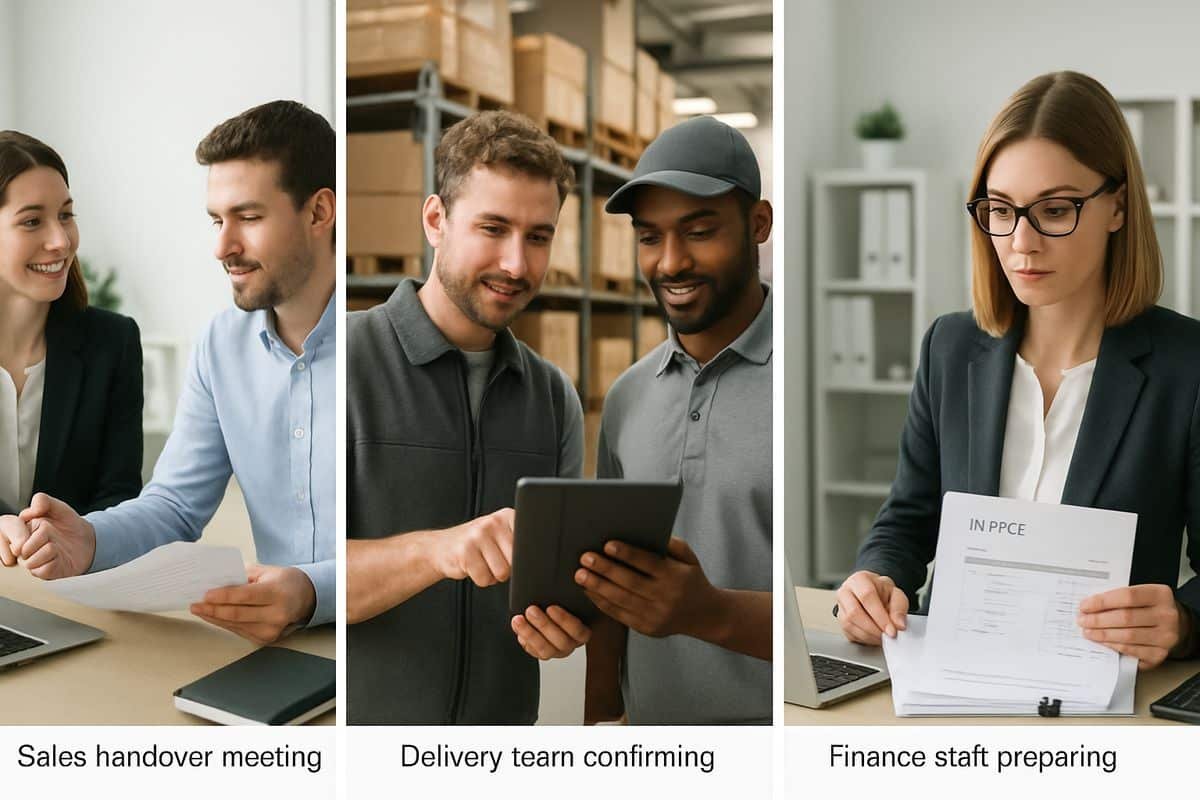 A sequence of office and warehouse scenes in one workspace: a sales handover meeting, a delivery team confirming completion on a tablet, and a finance staff member preparing an invoice with documents attached