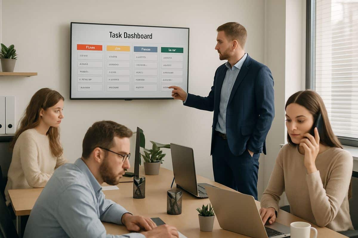 A calm small business office where a manager and team members review a shared task dashboard on a large monitor while people work steadily at desks and one person speaks with a client on the phone
