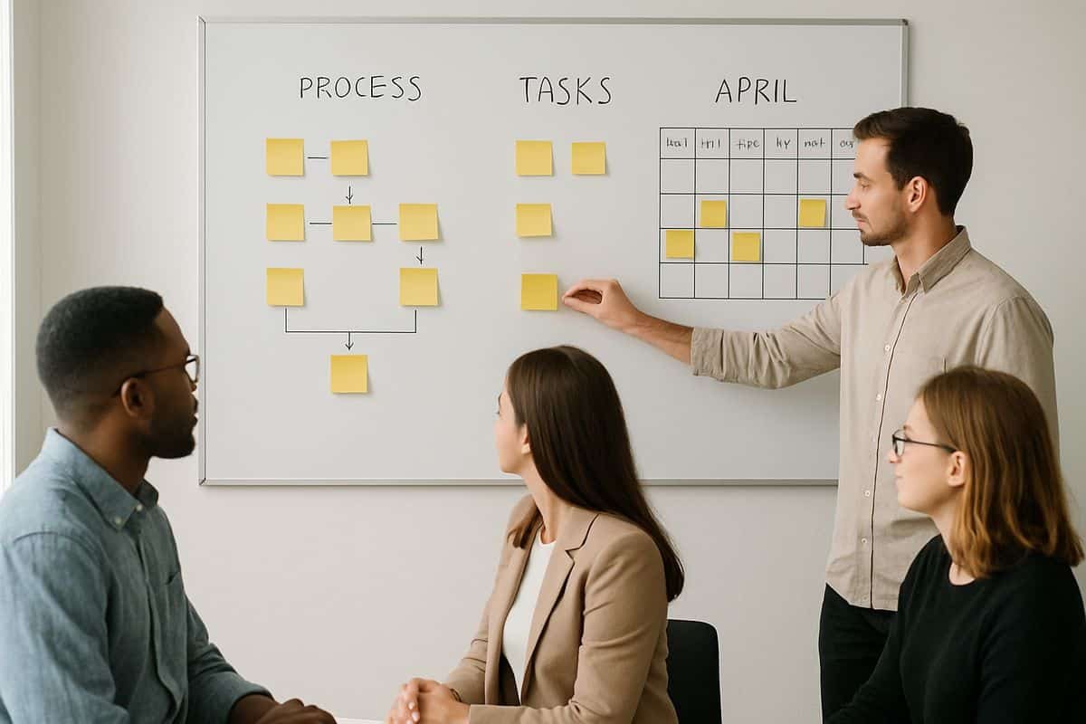 A small team gathered around a whiteboard in an office, with one person mapping recurring processes on sticky notes while others review a simple task board and a calendar for the coming weeks