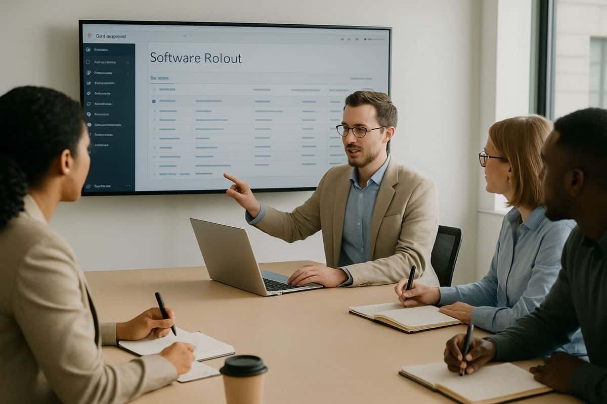 A team in a conference room during software rollout training, with one person demonstrating the system on a laptop connected to a large screen while others watch and take notes