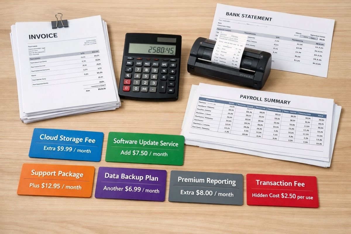 Accounting Software Pricing: What You Really Pay For 1 A desk covered with accounting-related items: an invoice stack, a calculator, a receipt scanner, a bank statement printout, a payroll spreadsheet, and several separate subscription cards spread out beside each other, showing how multiple add-ons and hidden expenses build up beyond one simple monthly fee.