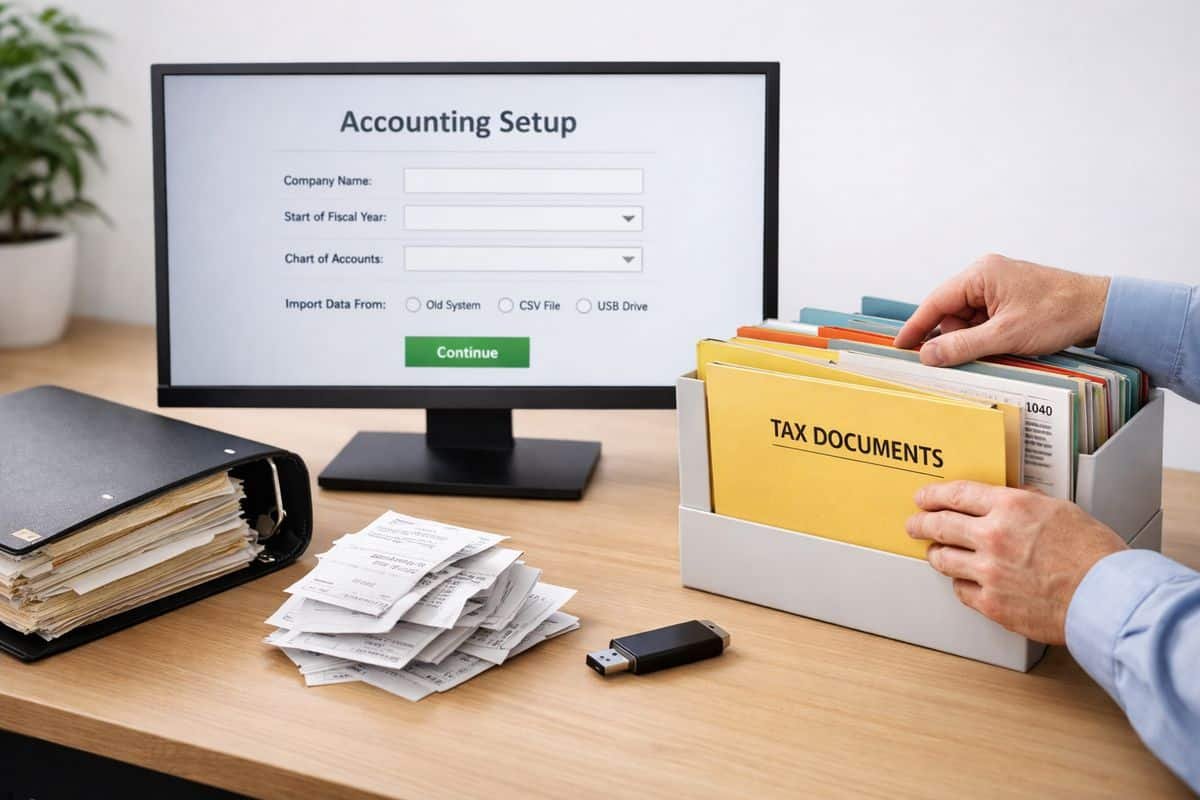 Accounting Software Pricing: What You Really Pay For 2 A migration setup scene with a desktop monitor showing an accounting setup form, a binder of old financial records, a stack of paper receipts, a USB drive, and a person adjusting folders and tax documents while transferring data from one system to another, suggesting implementation, migration, and training work.